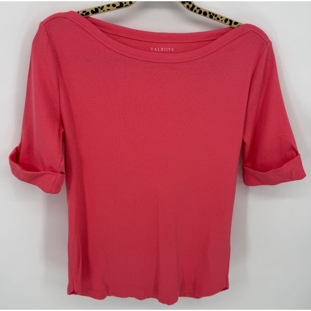 Talbots Womens Cuffed Sleeve Pink Ribbed Knit Top